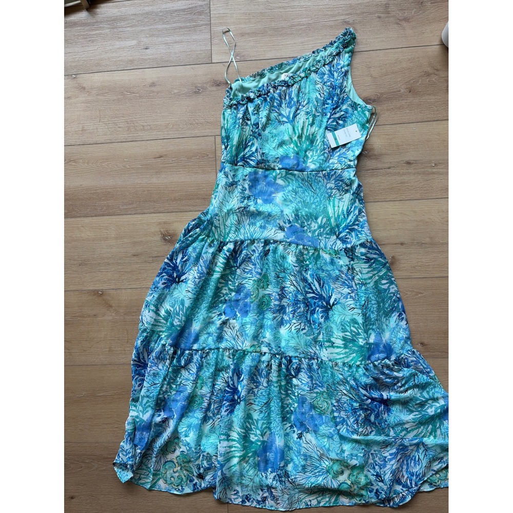 Taylor One Shoulder Coral Reef Print Tiered Maxi Dress Blue Green Sz 16 vacation
